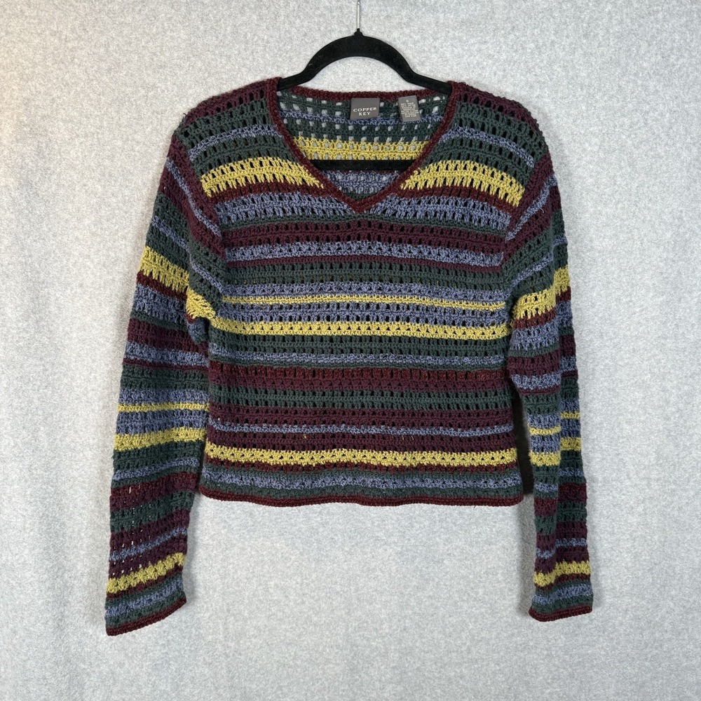 Cooper Key Sweater Womens Small Cotton Crochet Knit V Neck Open Pullover Vintage